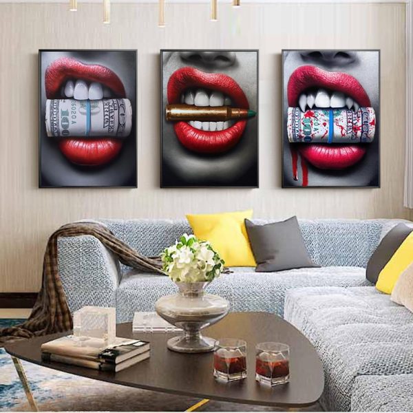 Red Lips with Bullet and Money Wall Art Canvas Print - Image 2