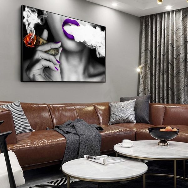 Smoking Sexy Girl with Purple Lips Wall Art Canvas Print - Image 4