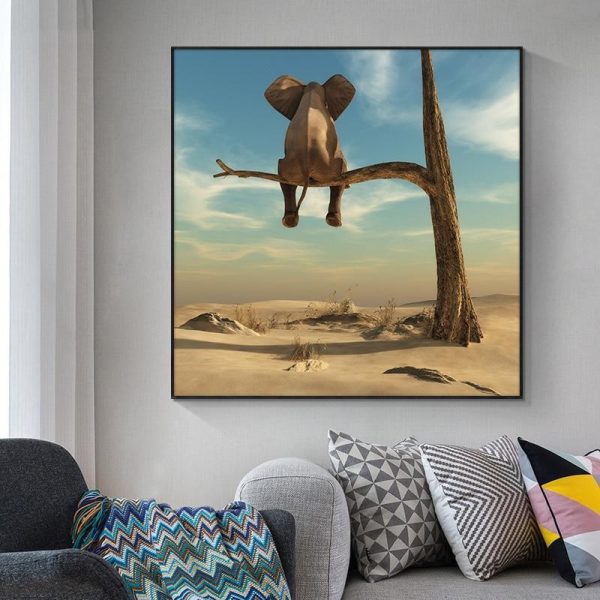 Funny Little Elephant on Tree Canvas Wall Art Painting - Image 4