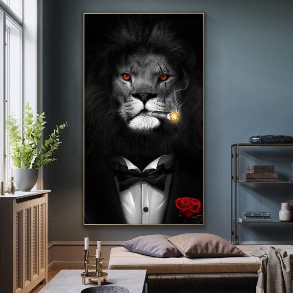 Funny Smoking Lion in Suit Wall Art Canvas Print - Image 4