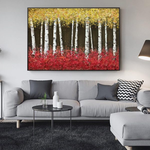 Golden Birch Trees in Red Grass Wall Art Canvas Print
