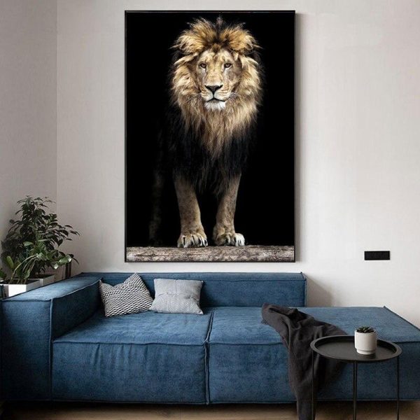 Lion on Dark Background Canvas Painting Poster - Image 2