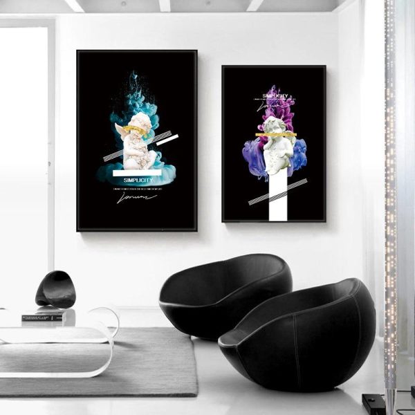 Little Angel Statue and Abstract Flower Wall Art Canvas Print - Image 2