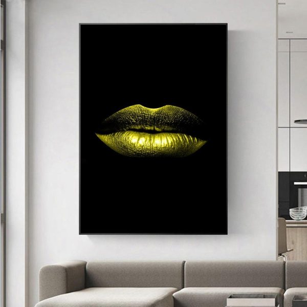 Abstract Sexy Golden Lips Wall Art Canvas Print - Image 2