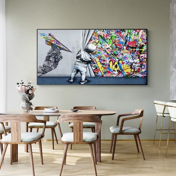 Kids Behind the Curtain Graffiti Art Canvas Poster - Image 4