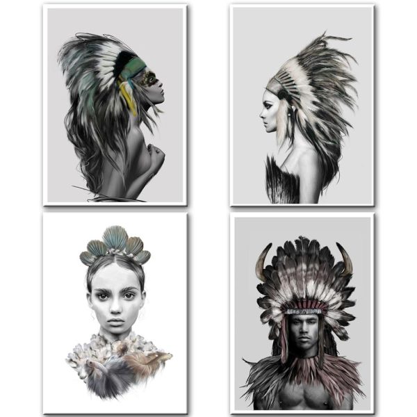 Indian Girl and a Man with Feathers Wall Art Canvas Print - Image 3