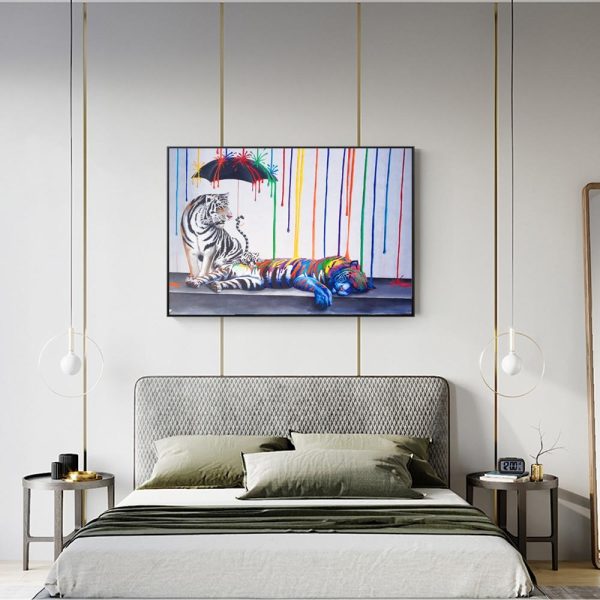 Abstract Tigers under the Rainbow Rain Canvas Print Picture - Image 2