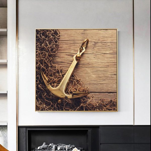 Golden Anchor and Fishing Net Canvas Print Picture