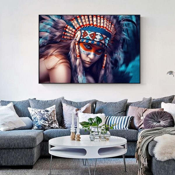 Indian Girl with Colorful Feather Wall Art Canvas Print - Image 2