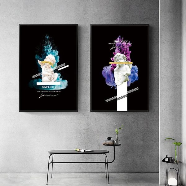 Little Angel Statue and Abstract Flower Wall Art Canvas Print - Image 5