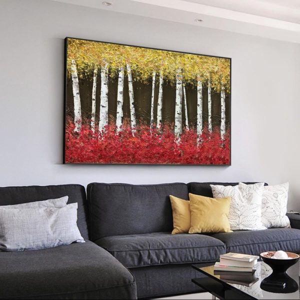 Golden Birch Trees in Red Grass Wall Art Canvas Print - Image 2