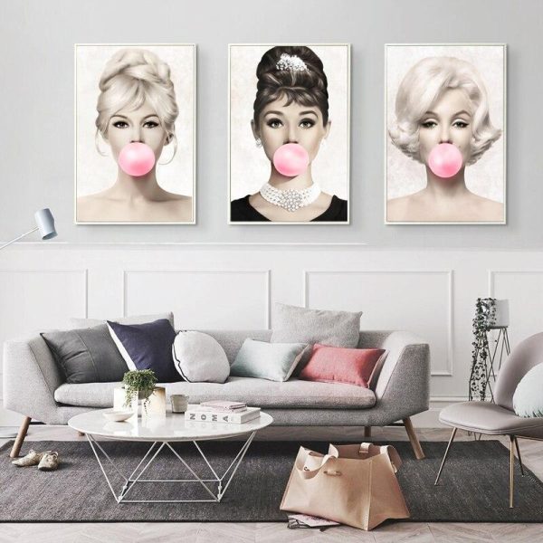 Movie Star Monroe and Hepburn with Bubble Gum Wall Art Canvas Print - Image 3
