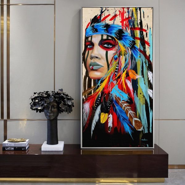 Indian Girl with Colorful Feather Wall Art Canvas Print