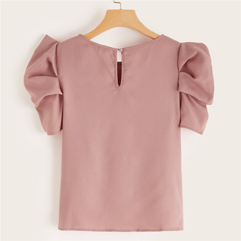 Elegant Keyhole Back Puff Sleeve Blouse