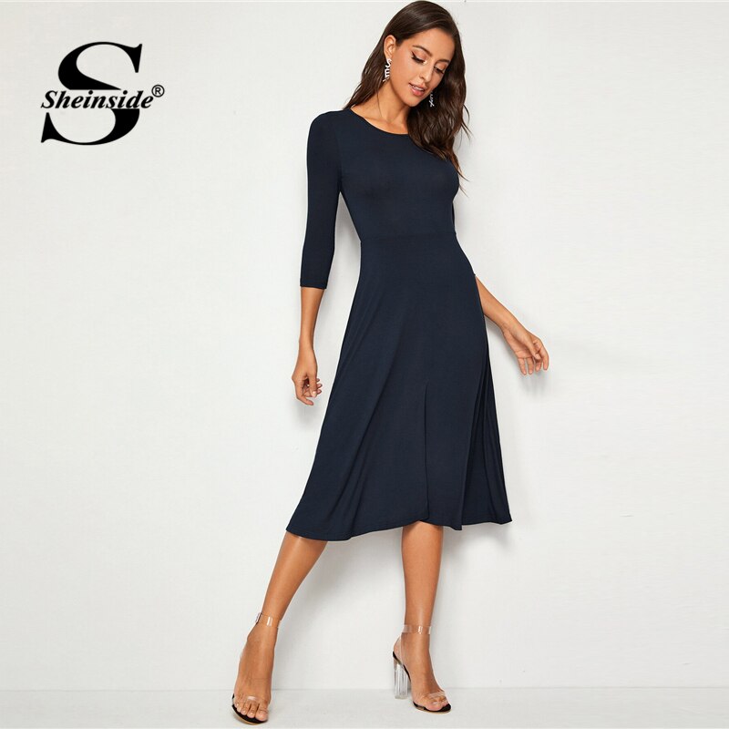 Elegant Navy 3/4 Sleeve Midi Dress