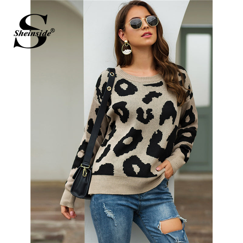 Casual Leopard Print Knit Sweater