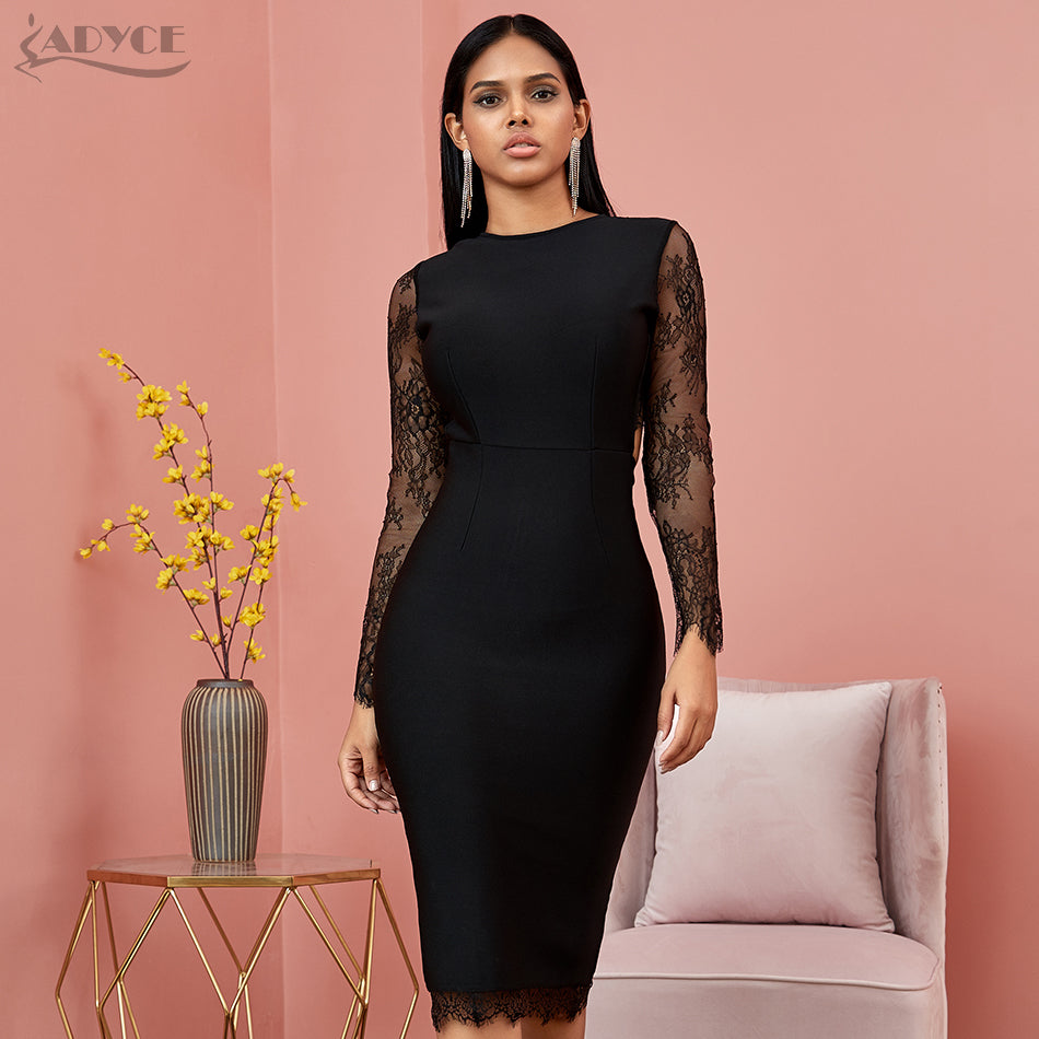 Lace Long Sleeve Bandage Midi Dress