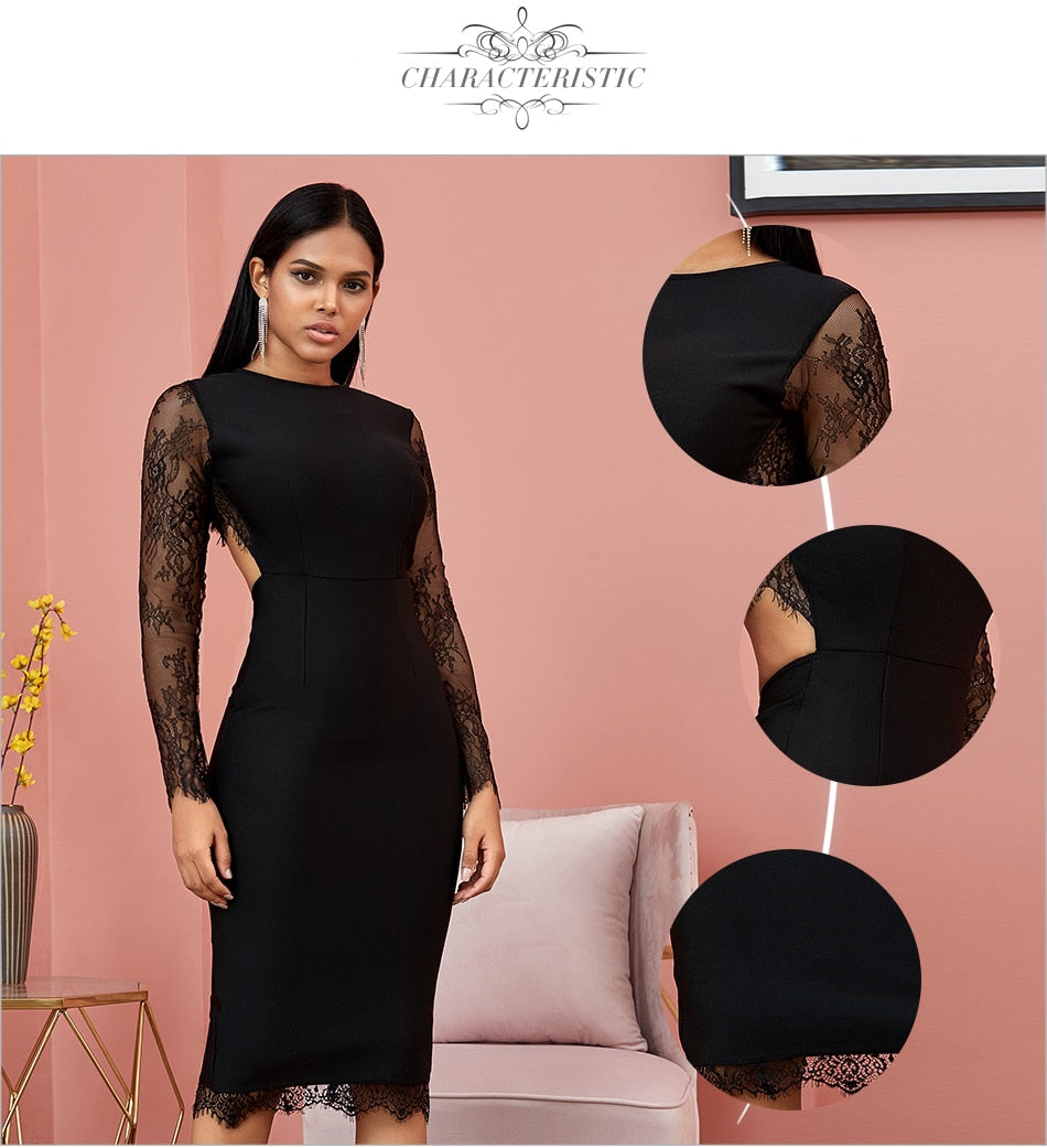 Lace Long Sleeve Bandage Midi Dress