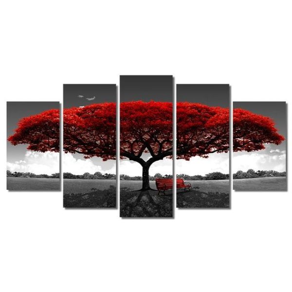 5 Panels Black & Red Tree Canvas Art Prints - Image 5